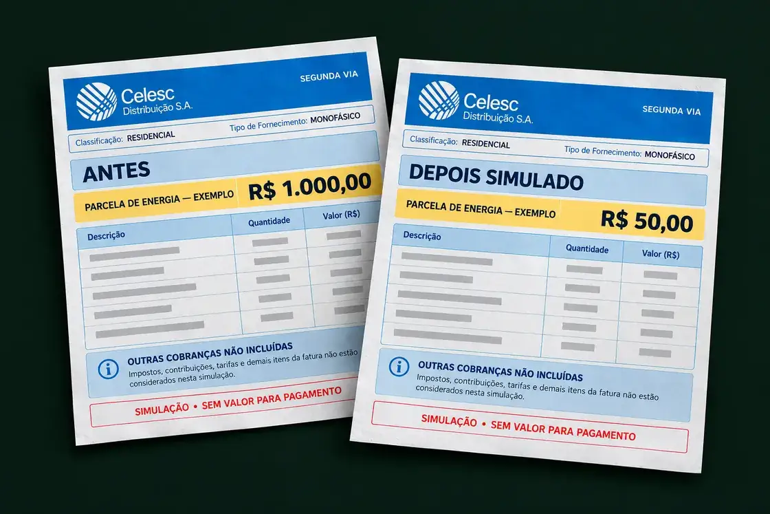 Duas contas ilustrativas: parcela de energia de R$ 1.000,00 antes e R$ 50,00 no cenário de redução de 95%. Demais cobranças não incluídas.